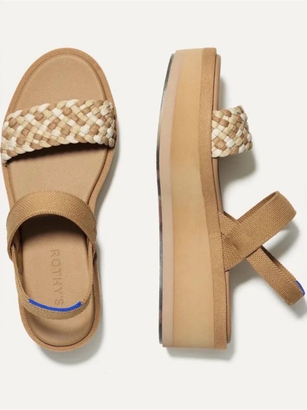 Rothy's Tan Platform Slide with Braided Cream Accents